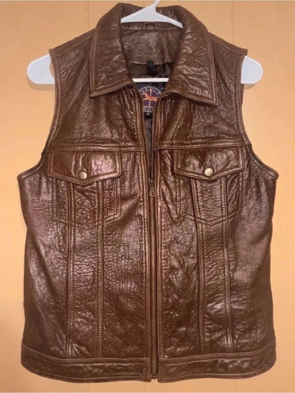 Vintage Brown Leather Vest Jacket - Sleeveless Zip Front